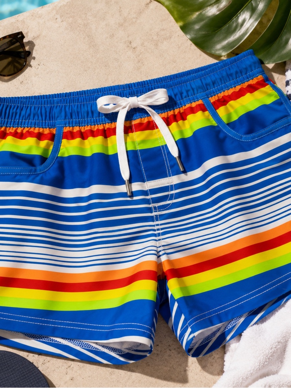 Andrew Christian Bright Blue Rainbow Stripe Swim Shorts medium